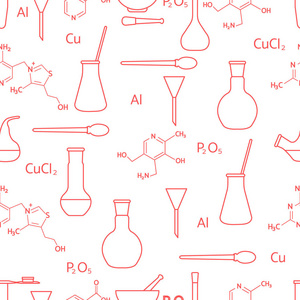 科学矢量无缝图案与烧瓶试管烧杯工具和公式。 教育要素。 化学生物医学。