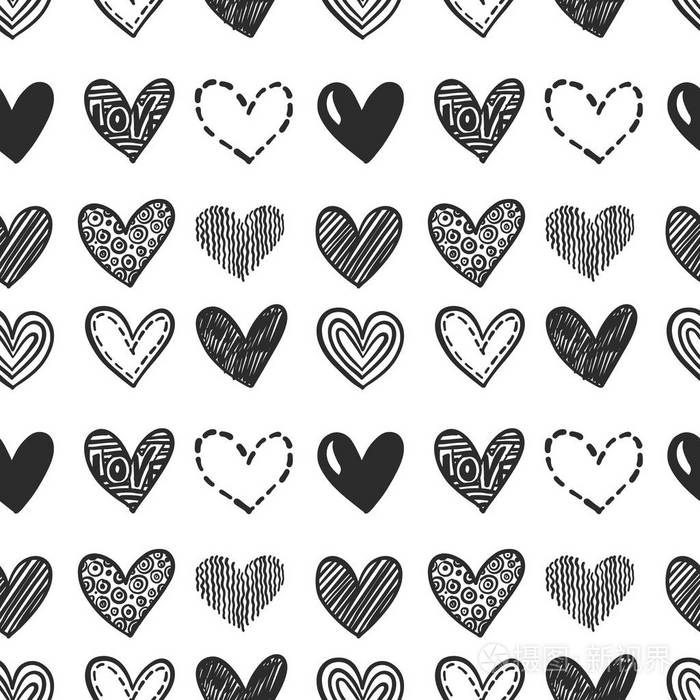手绘的心.向量无缝的天真模式为情人节.各种涂鸦心背景.