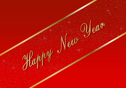新年问候2019年，明亮的红色背景，发光的星星和红色的三角形在角落，金色丝带与黄色的灯。