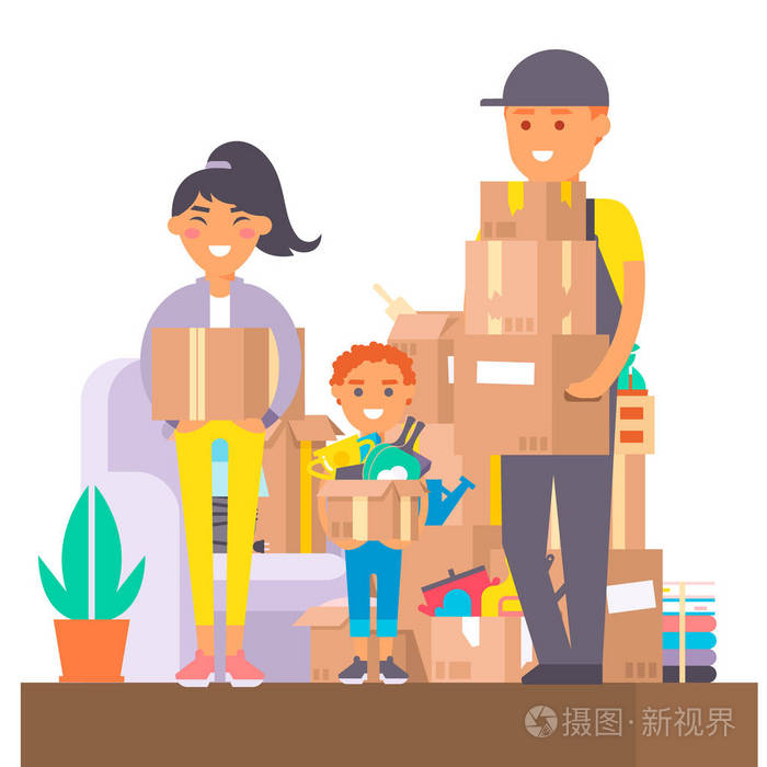 快乐的年轻夫妇搬家服务.妇女随身携带箱子与家庭人拆箱字符集