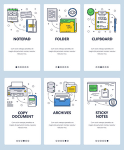 移动应用程序车载屏幕的矢量集。 记事本文件夹，剪贴板，复制文件档案，粘性笔记，网页模板和横幅。 细线艺术平面图标的网站菜单。