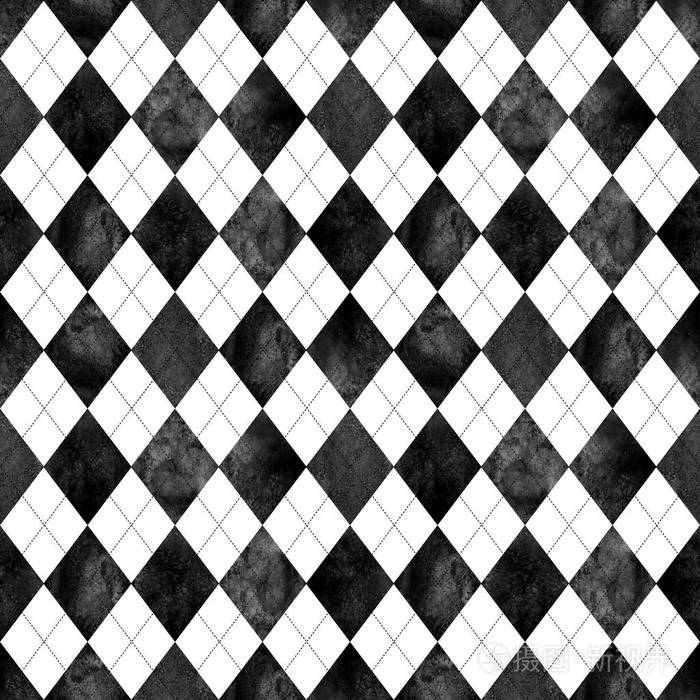 水彩黑白精格无缝格子图案 水彩手绘纹理背景 菱形形状背景 印花布设计纺织面料壁纸包装瓷砖 照片 正版商用图片13j2ju 摄图新视界