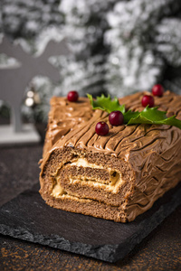 圣诞节育乐原木蛋糕。 传统巧克力甜点，节日背景
