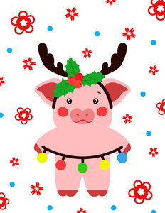 新年快乐可爱的猪与圣诞装饰品明信片中国。 2019年矢量插图符号