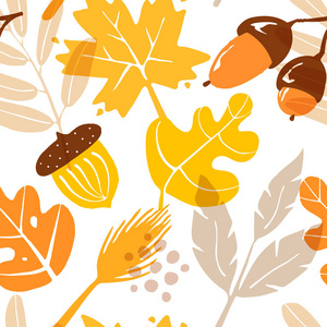 秋天的图案,叶子橡子和白色背景上的图形元素. 纺织品和包装的装饰品.