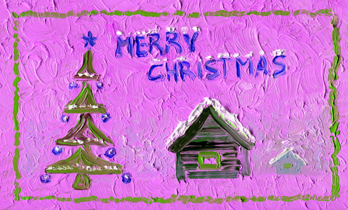圣诞贺卡。 油画。 有装饰品的圣诞树。 有雪覆盖屋顶的乡村房子。 晚上的时间。 问候书信。
