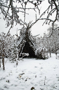 白雪覆盖的冬天花园里的老树枝的小屋