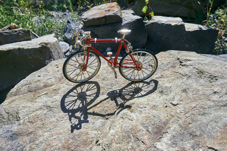 夏天晴朗的晴天，带着清澈的水在湖面上骑红色的金属玩具自行车