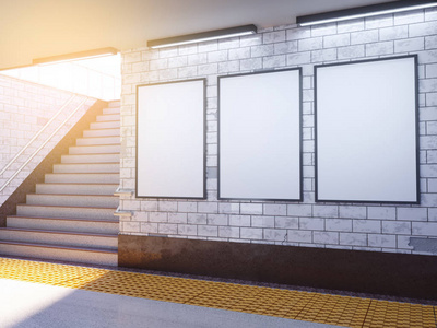 模拟海报媒体模板广告显示在地铁站。3d 插图, 渲染