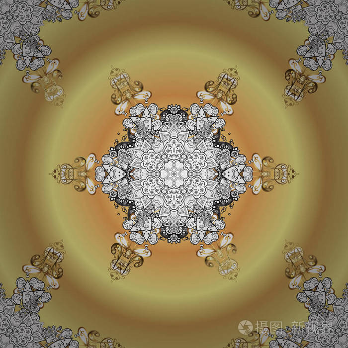 带有指甲花纹身的装饰性花卉元素,金色贴纸,mehndi和瑜伽曼陀罗卡和