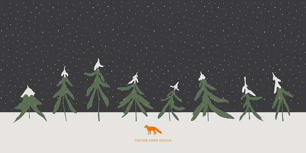 矢量图。 冬天的冷杉树和狐狸的轮廓在天际线上。 夜间降雪。