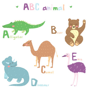 矢量手画可爱的ABC字母动物五颜六色的斯堪的纳维亚设计鳄鱼熊骆驼恐龙