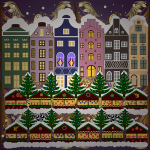 村庄冬季景观与雪湾房屋和圣诞树与圣诞礼物。 矢量图。