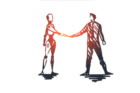 扫地机器人手绘人机交互, 自动化, 商务, 机器人, 合作理念.