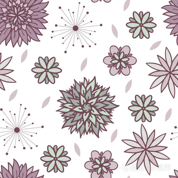 矢量抽象花卉无缝图案的蓝色和紫色的白色背景.