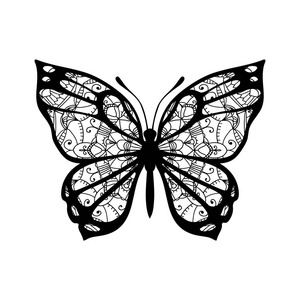 有图案翅膀的蝴蝶。 塔图的矢量符号。 白底黑字