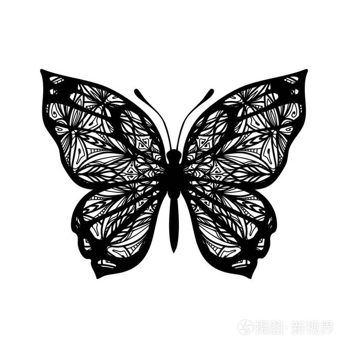 有图案翅膀的蝴蝶塔图的矢量符号白底黑字