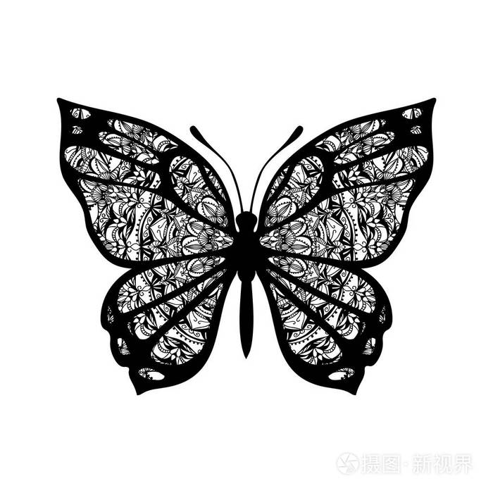 有图案翅膀的蝴蝶塔图的矢量符号白底黑字