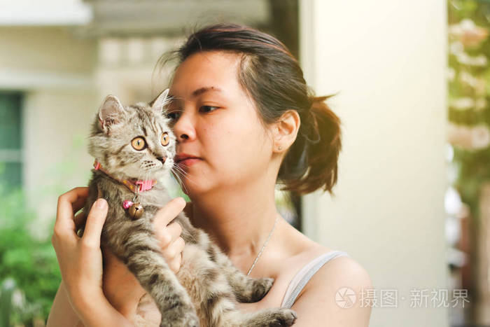 接近年轻的亚洲女人玩她的波斯猫人类动物关系