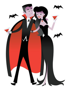 吸血鬼夫妇喝鸡尾酒的矢量插图。