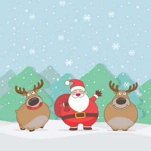 可爱的圣诞老人和驯鹿卡通人物与降雪背景。