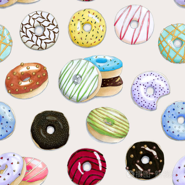 无缝图案与手画彩色甜甜圈在米色背景。 它可用于卡片电话箱海报T恤等。 食物插图。 用记号笔模仿水彩插图。