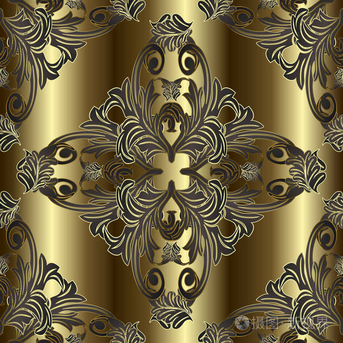 华丽的巴洛克金矢量无缝图案. 表面悬垂金三维背景. 面具古董装饰品.