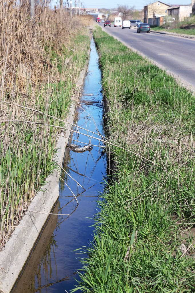 照片 小河流灌溉渠道的脏污水和家庭垃圾导致藻类迅速生长. 水污染.