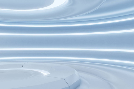 关闭未来派白色圆形房间,墙壁和天花板上有灯. 科幻和未来的概念.