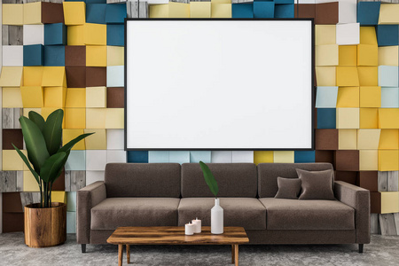 彩色瓷砖墙客厅内部有混凝土地板棕色沙发和咖啡桌。 三维渲染水平模拟海报框架