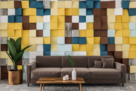 彩色瓷砖墙客厅内部有混凝土地板棕色沙发和咖啡桌。 3D渲染