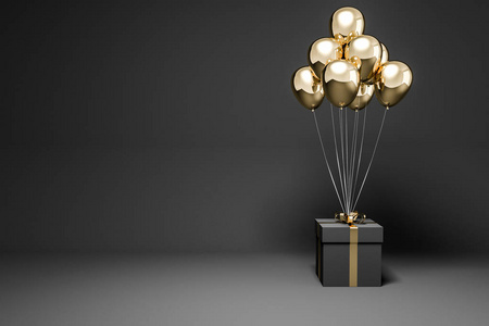 黑色的礼物盒，金色的丝带和许多金色的气球绑在上面，站在空荡荡的黑色房间里。 营销和广告的概念。 3D渲染模拟