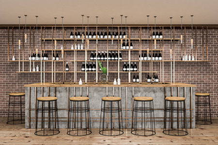 内部时尚酒吧与砖墙，木制地板，木桌和凳子。 货架上的瓶子。 小企业概念。 3D渲染