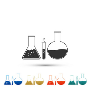 试管和烧瓶化学实验室测试图标查出的白色背景。实验室玻璃器皿标志。在彩色图标中设置元素。平面设计。向量例证