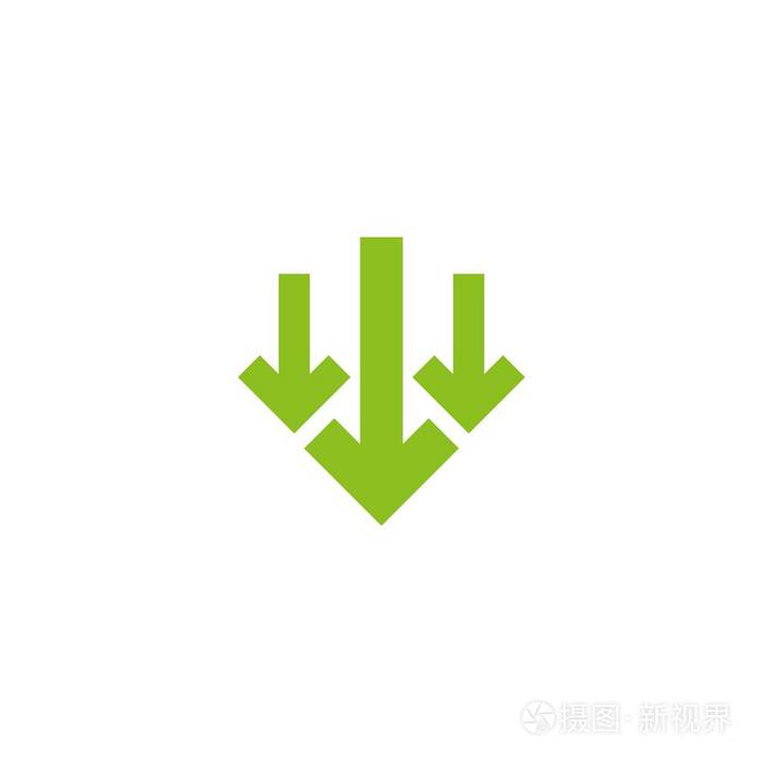 三个绿色方形箭头向下图标.下载标志.下降,减少符号隔离在白色上.