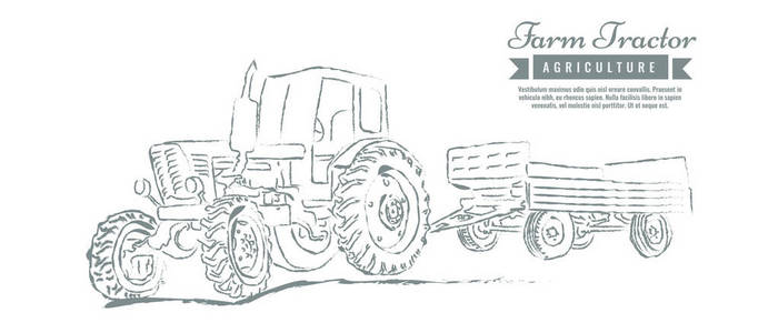 农场拖拉机与素描风格线条艺术设计。手绘向量例证