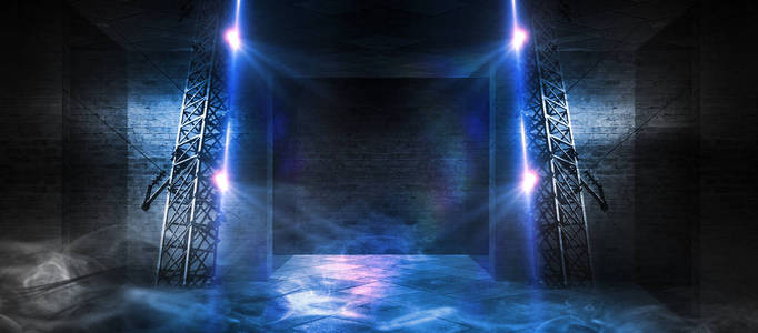一个空走廊地下室隧道的背景，走廊地下室隧道的背景。 砖墙霓虹灯烟。 空背景场景