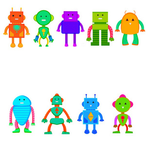 动画片风格的矢量彩色机器人集。在白色背景的孤立向量机器人