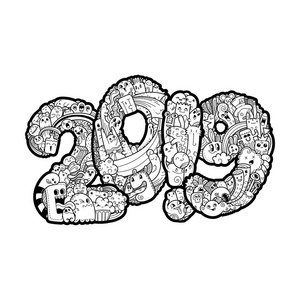 2018新年。怪物涂鸦日期。华丽假日符号