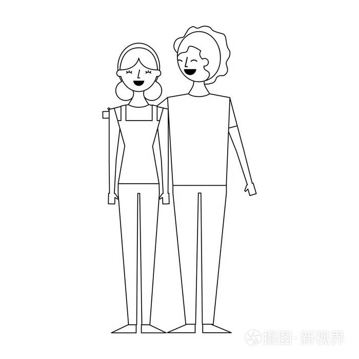 微笑的夫妇年轻的女人和男人站在一起拥抱矢量插图大纲设计插画-正版