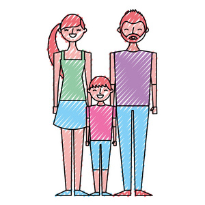 幸福家庭站在一起爸爸妈妈儿子矢量图绘制色彩设计