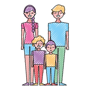 年轻家庭父母带着孩子的卡通矢量图绘制色彩设计
