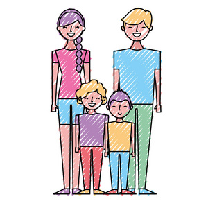 年轻家庭父母带着孩子的卡通矢量图绘制色彩设计