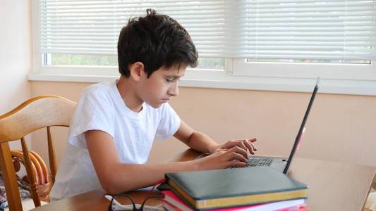 男孩青少年使用笔记本电脑在家里。社交网络中的沟通, 培训。复制空间