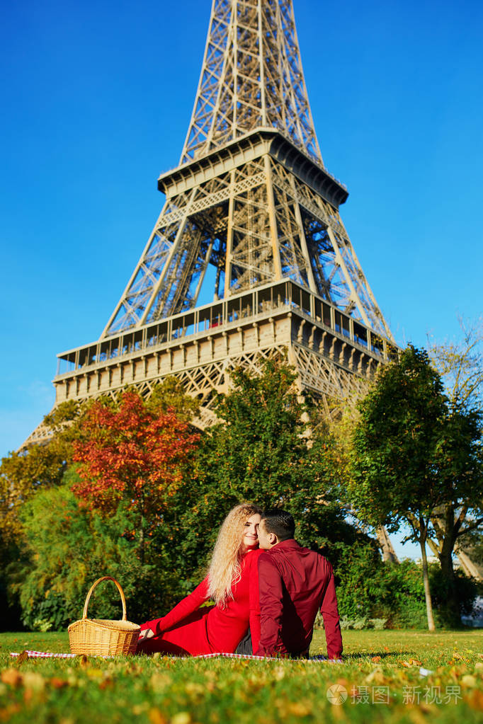 法国巴黎艾菲尔铁塔附近的草地上野餐的浪漫情侣照片-正版商用图片13k