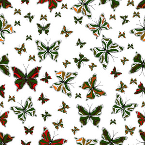 彩色蝴蝶在不同方向飞行的集合。 女孩子服装壁纸的抽象无缝图案。 矢量图。