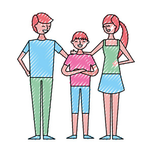 幸福家庭站在一起爸爸妈妈儿子矢量图绘制色彩设计