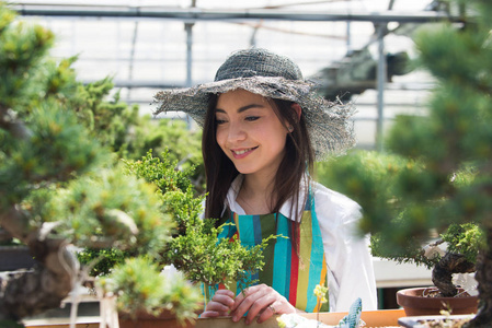 美丽的女园丁在她的花草中照顾植物，在一个温室里工作的亚洲