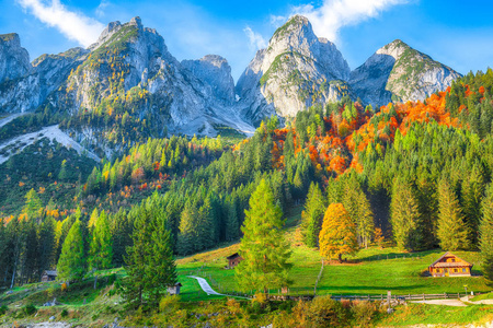 美丽的景色田园诗般的色彩斑斓的秋景，与达奇斯坦山顶，由高苏斯泰山湖在秋天，萨尔茨卡默古特地区，奥地利上部，奥地利