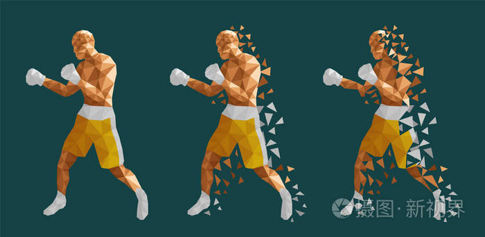 抽象拳击手互相对抗,矢量插图低聚